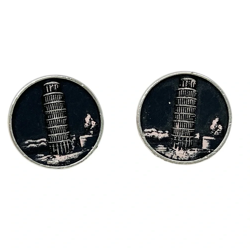 Vintage Hickok Silver Tone Leaning Tower of Pisa Cufflinks Tie Clip